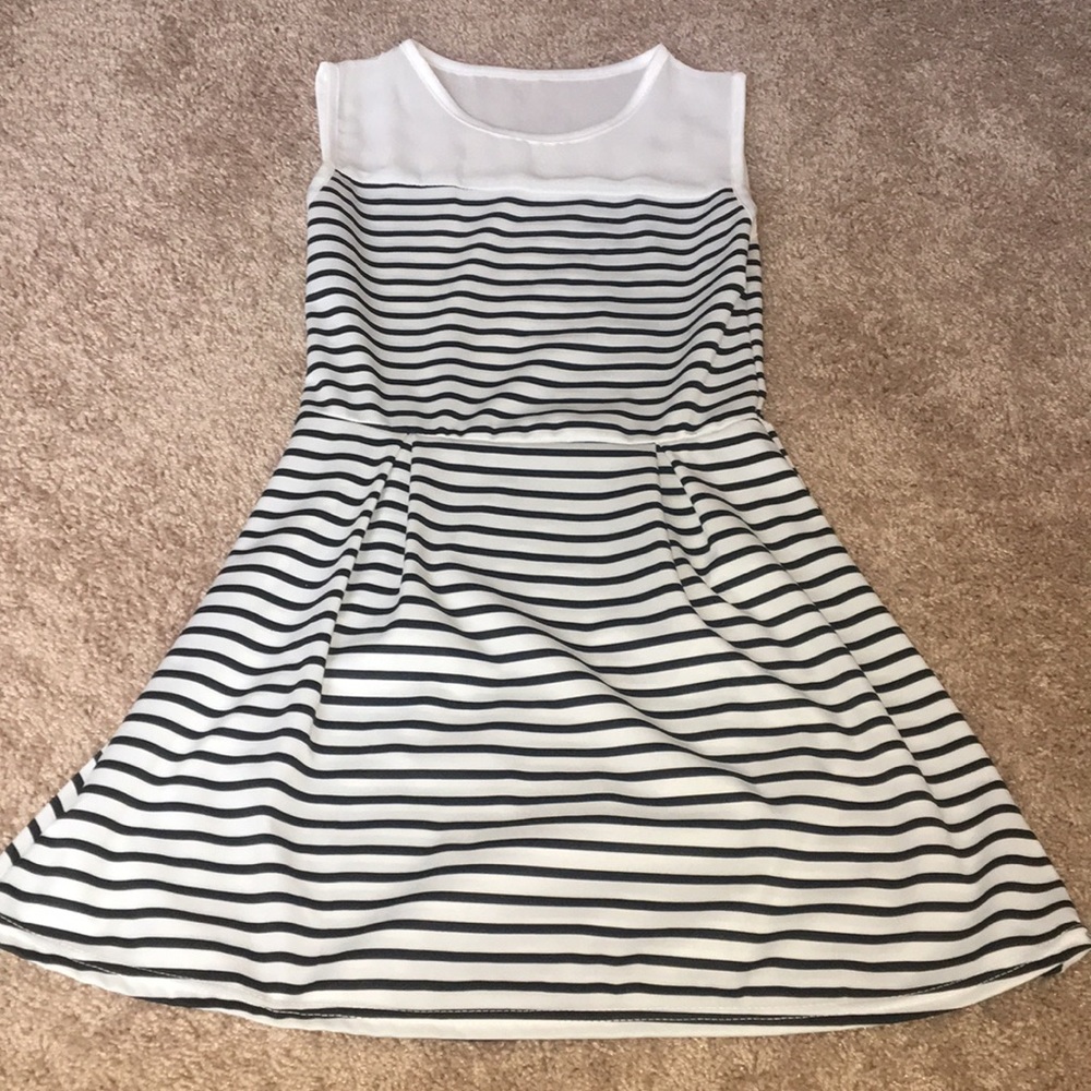 White/Black Striped A-Line Dress with Mesh Detail